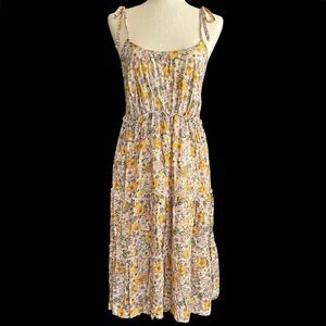 Dainty Floral Yellow Smocked Tiered Dress Size L Boho Romantic Cottage Country
